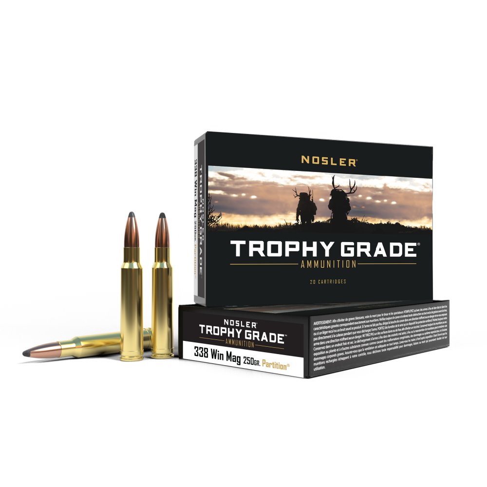 https3A2F2Fmedia.chattanoogashooting.com2Fimages2Fproduct2FNO600822FNO60082-1.png Nosler Trophy Grade Rifle Ammunition .338 Win Mag 250 gr PT 2600 fps - 20/ct - Image 1