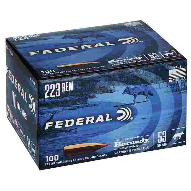https3A2F2Fmedia.chattanoogashooting.com2Fimages2Fproduct2FFAV223VM53B2FFAV223VM53B.jpg Federal Varmint & Predator Rifle Ammunition .223 Rem 53 gr FMJ 3400 fps 100/ct - Image 1