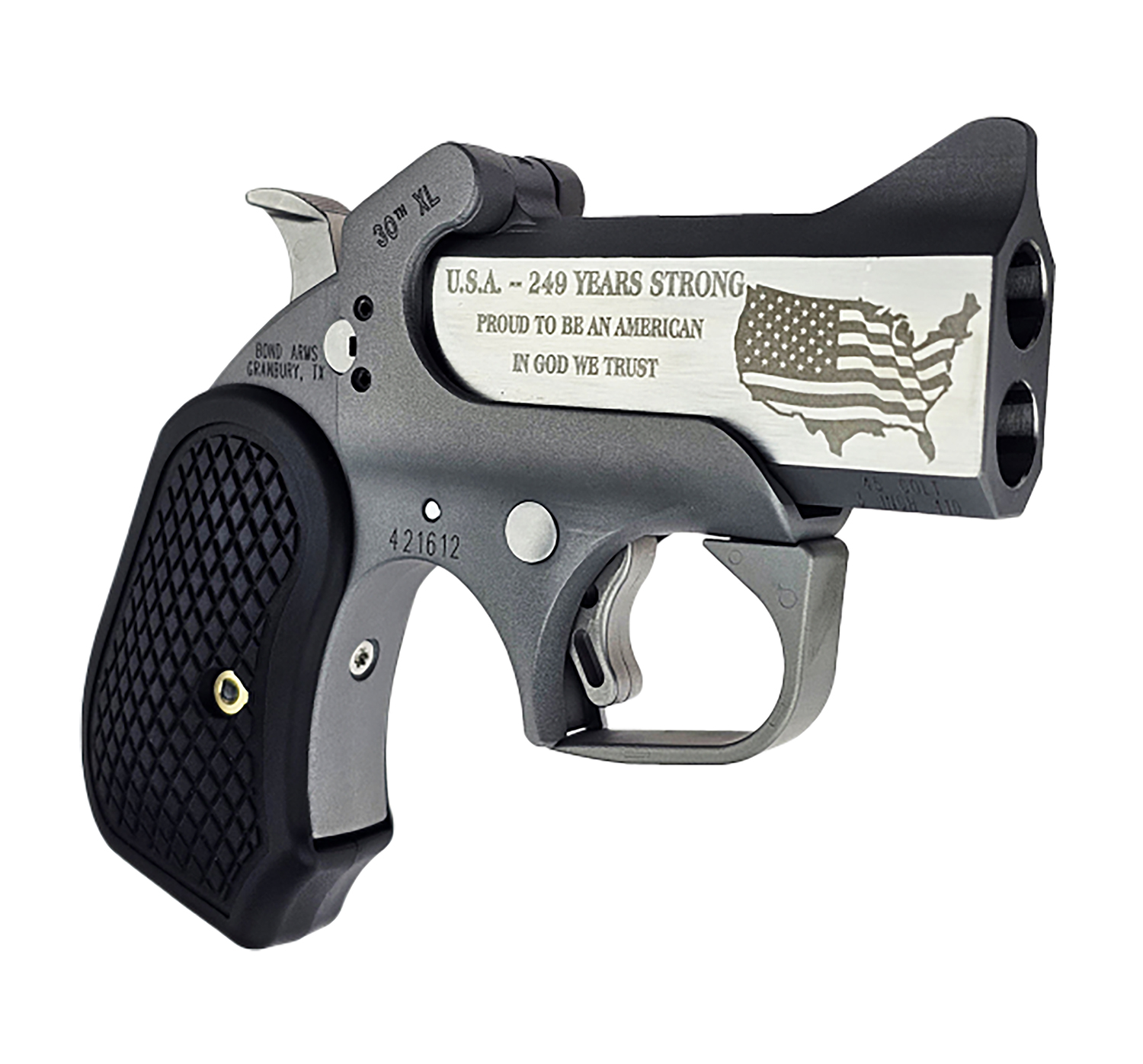184157.jpg Bond Arms BA30THXL-45LC/410 30th XL 45 Colt (Long Colt)/410 Gauge 2 Shot 3" Engraved Matte Stainless Steel Barrel, Rough Matte Stainless Steel Frame, Black B6 Resin Grips - Image 1