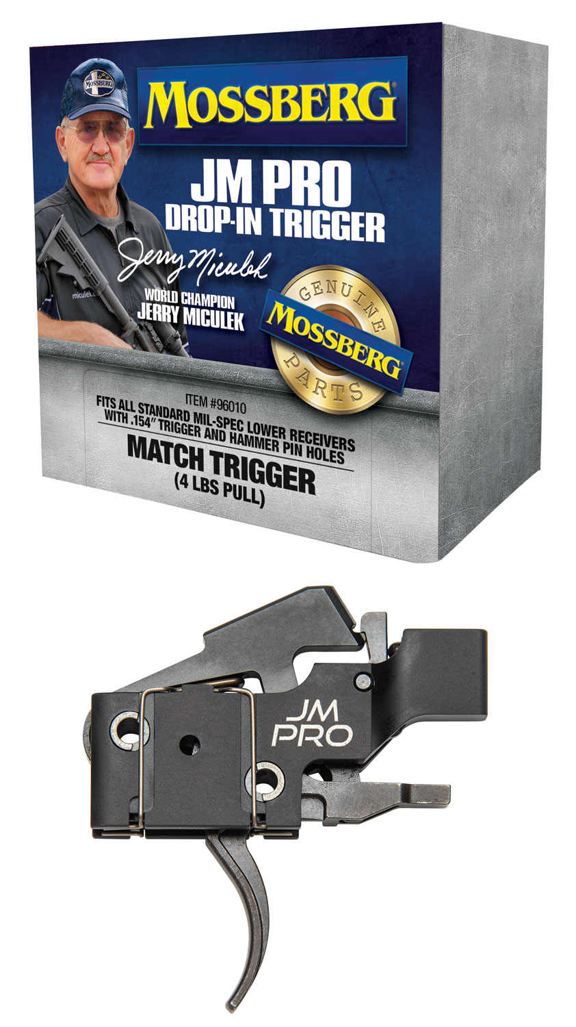 23576.jpg Mossberg 96010 JM Pro Adjustable Match AR Drop-In Trigger, Fits AR15s & AR10s w/.154" Trigger & Hammer Pin Holes, Factory-Set 4 Pound Pull Weight - Image 1