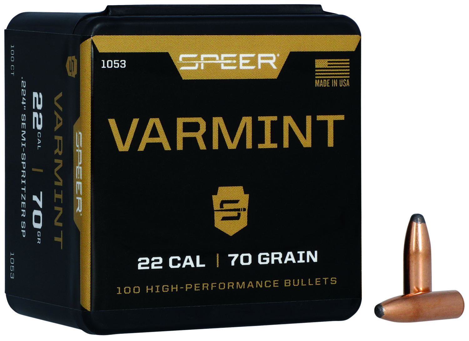 29013.jpg Speer 1053 Varmint 22Cal 70gr Jacketed Soft Point 100 Per Box/5 Case - Image 1