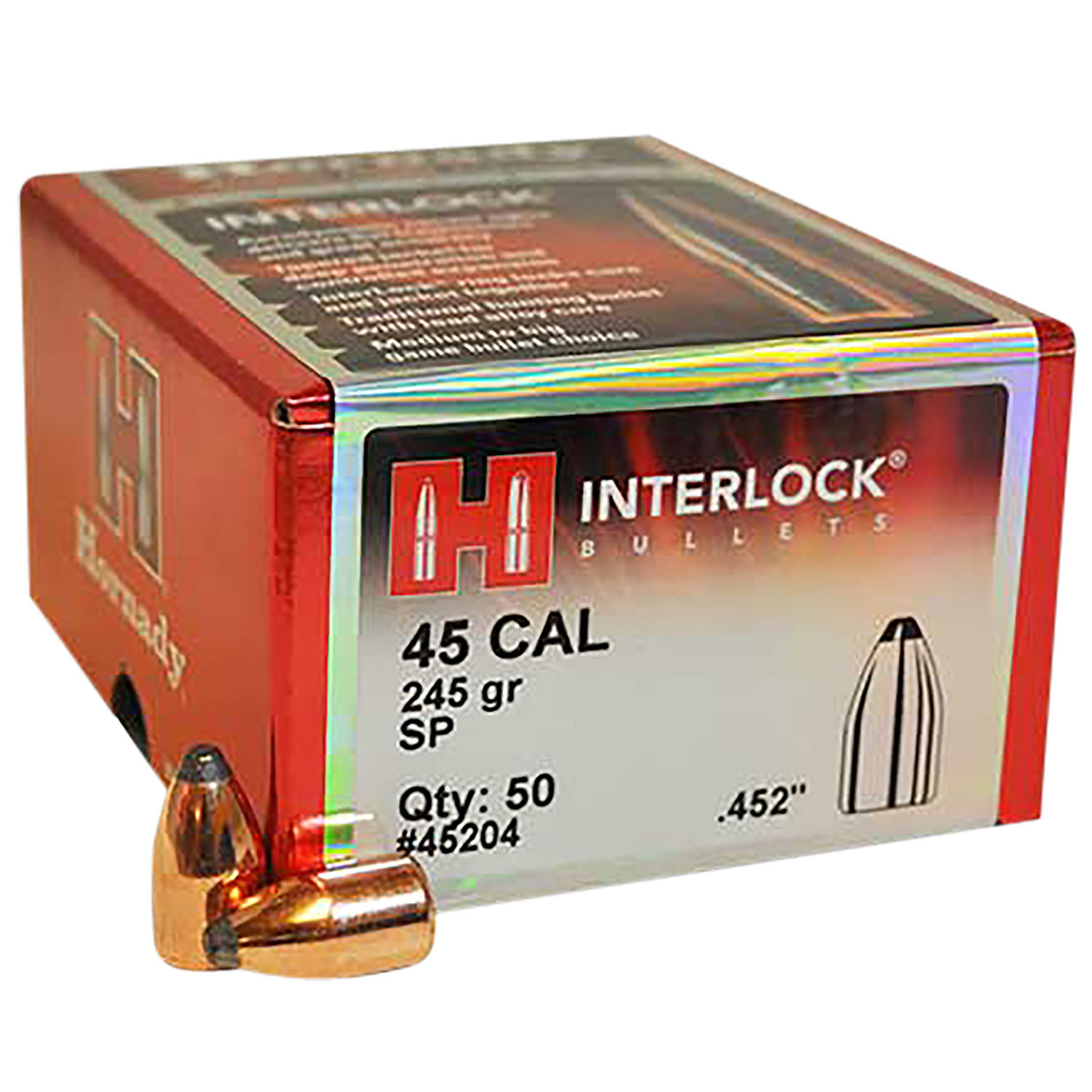 119075.jpg Hornady 45204 InterLock 45 Cal .452 245 gr Spire Point 50 Per Box/ 15 Case - Image 1