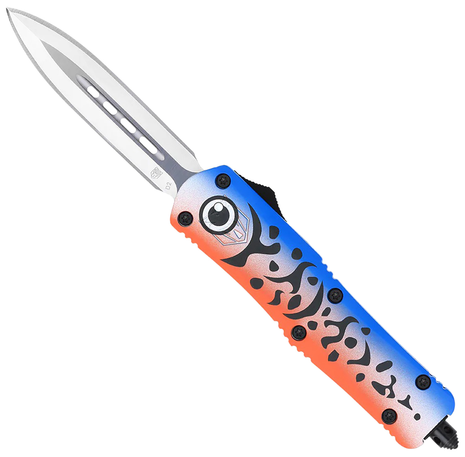 149064.jpg CobraTec Knives MFLBLUFS3DAGNS FS-3 Blue Lure Medium 3" OTF Dagger Plain Satin D2 Steel Blade, 4.50" Blue Fishing Lure Aluminum Cerakoted Handle - Image 1