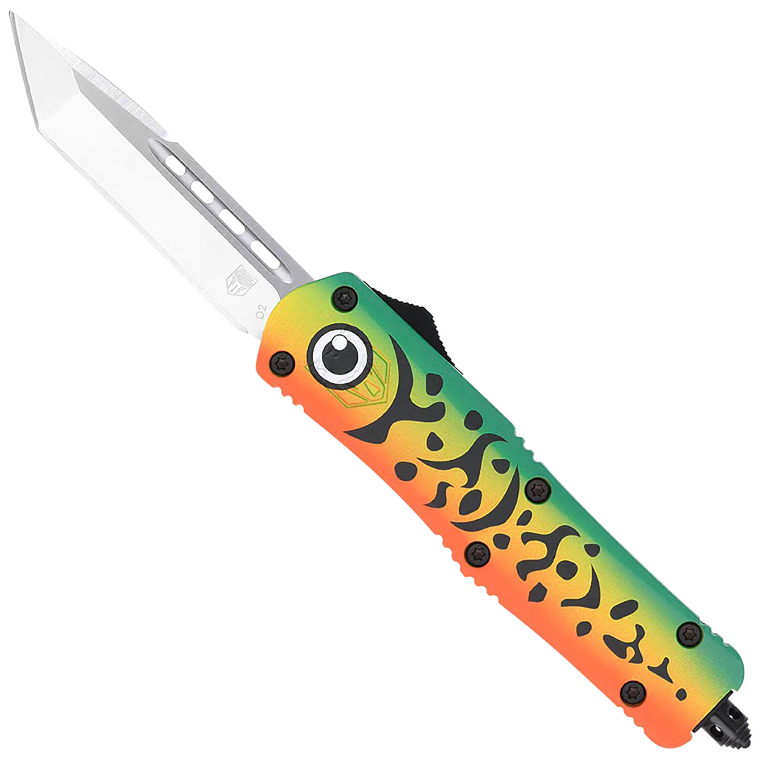 149060.jpg CobraTec Knives MFLGNFS3TNS FS-3 Fishing Lure Medium 3" OTF Tanto Plain Satin D2 Steel Blade, 4.50" Green Fishing Lure Aluminum Cerakoted Handle - Image 1