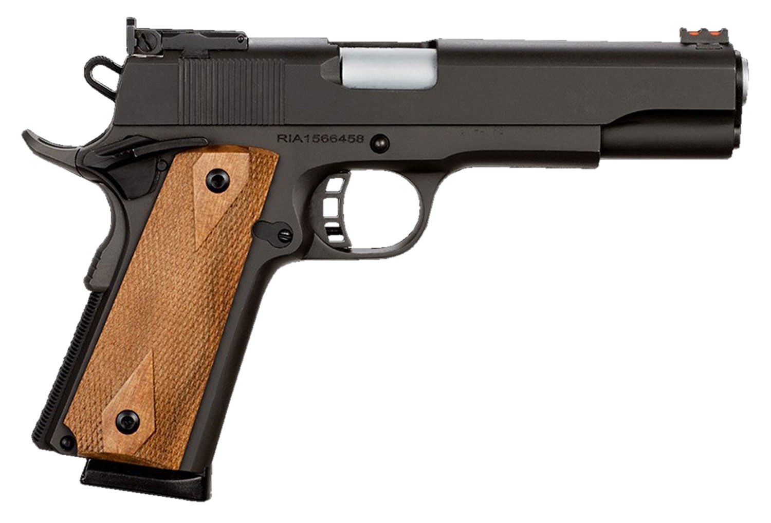 35244.jpg Rock Island 51434 Pro Ultra Match *CA Compliant 45 ACP Caliber with 5" Barrel, 8+1 Capacity, Overall Black Parkerized Finish Steel, Beavertail Frame, Serrated Slide & Checkered Wood Grip - Image 1