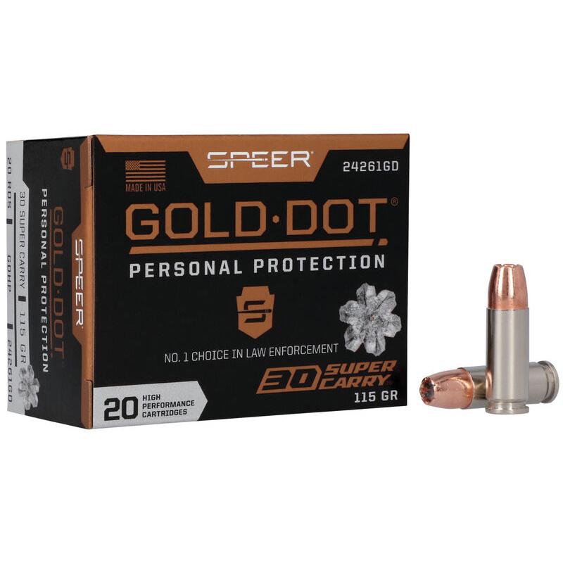 https3A2F2Fmedia.chattanoogashooting.com2Fimages2Fproduct2FSP24261GD2FSP24261GD.jpg Speer Gold Dot Handgun Ammunition .30 SC 115gr HP 1150 fps 20/ct - Image 1