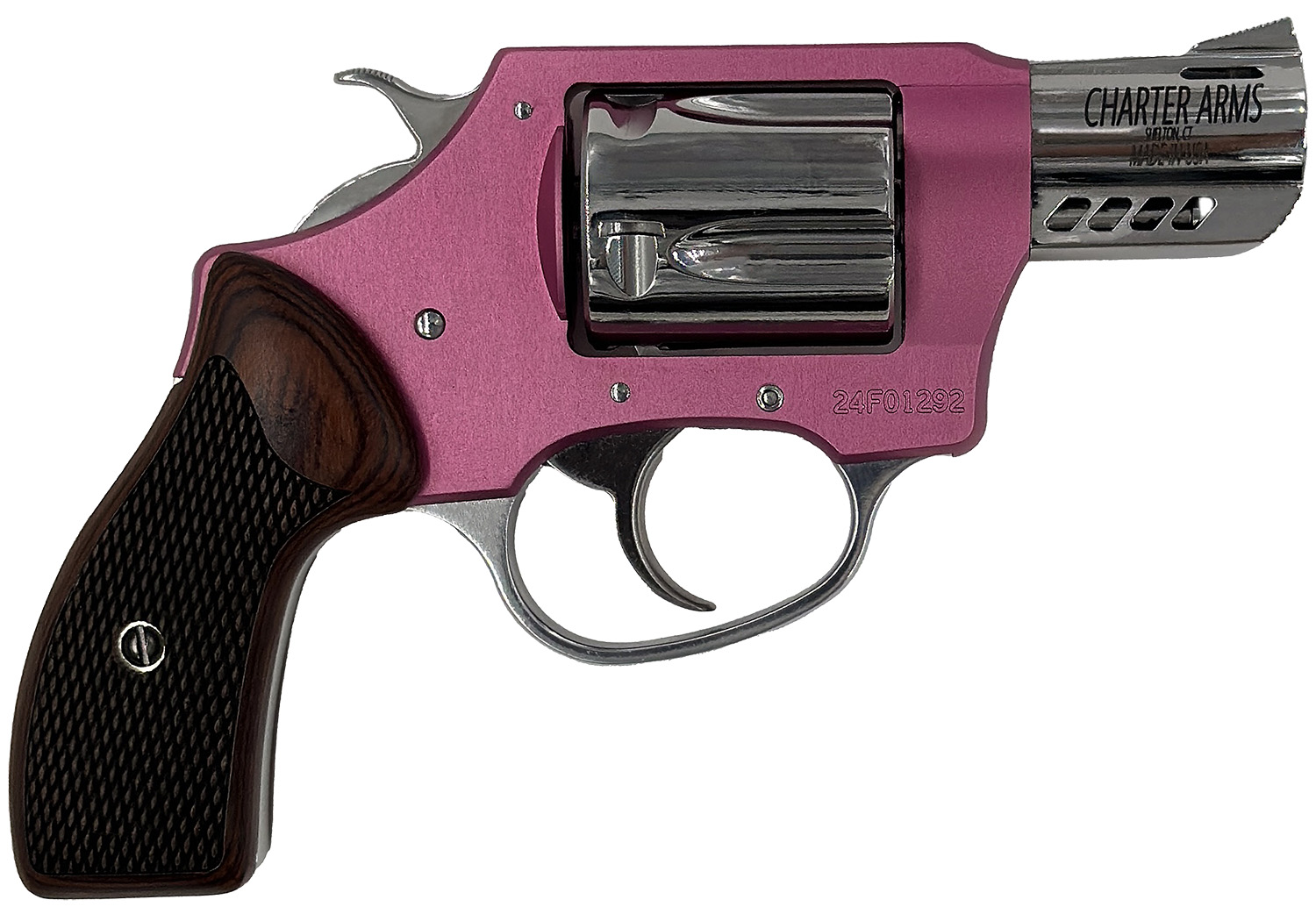 168521.jpg Charter Arms 53805 Coyote 380 ACP 5 Shot 2" High Polished Ported Barrel, High Polished Cylinder, Pink Aluminum Frame, Rosewood Checkered Grip, Exposed Hammer - Image 1
