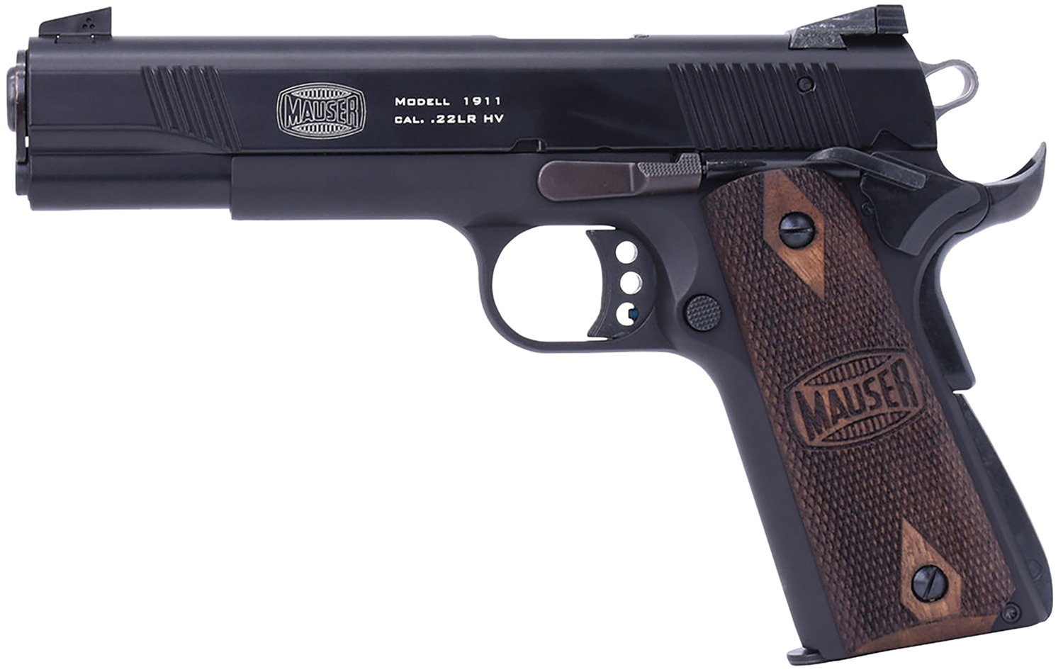 141716.jpg Mauser Rimfire 4110602 1911 22 LR 10+1 5" Black Steel Barrel, Black Serrated Slide, Black Aluminum Frame w/Beavertail, Walnut Grip, Ambidextrous - Image 1