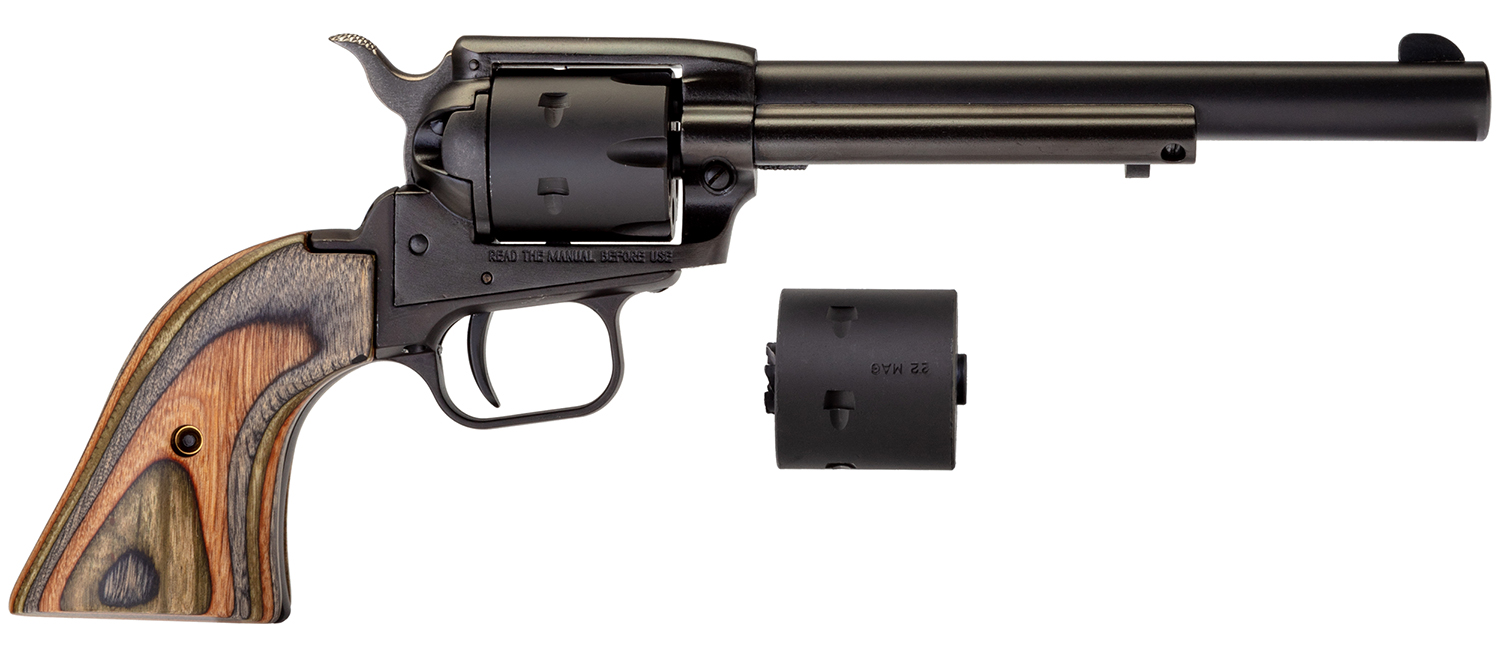 87936.jpg Heritage Mfg RR22MBS6 Rough Rider 22 LR/22 WMR 6 Shot, 6.50" Black Satin Steel Barrel, Black Satin Zinc Alloy Frame, Black Satin Cylinder, Camo Laminate Grip, Exposed Hammer - Image 1