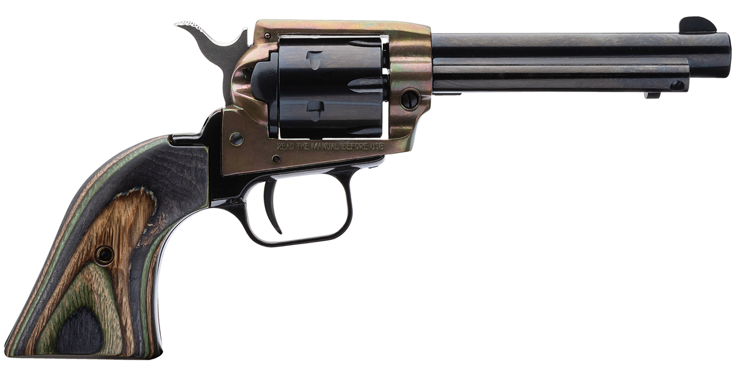104187.jpg Heritage Mfg RR22CH4 Rough Rider 22 LR 6 Shot, 4.75" Black Oxide Steel Barrel, Simulated Case Hardened Zinc Alloy Frame, Black Oxide Cylinder, Camo Laminate Grip, Manual Safety, Exposed Hammer - Image 1