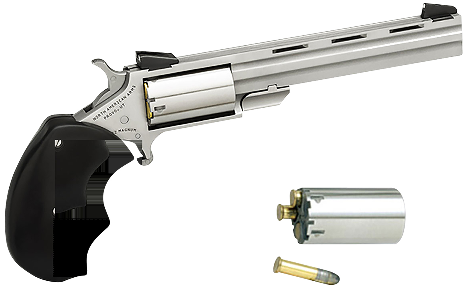 36701.jpg North American Arms MMC Mini-Master *CA Compliant 22 LR 22 WMR 5 Shot 4" Stainless Vent Rib Barrel, Stainless Steel Frame & Cylinder, Black Finger Grooved Rubber Grip, Exposed Hammer - Image 1
