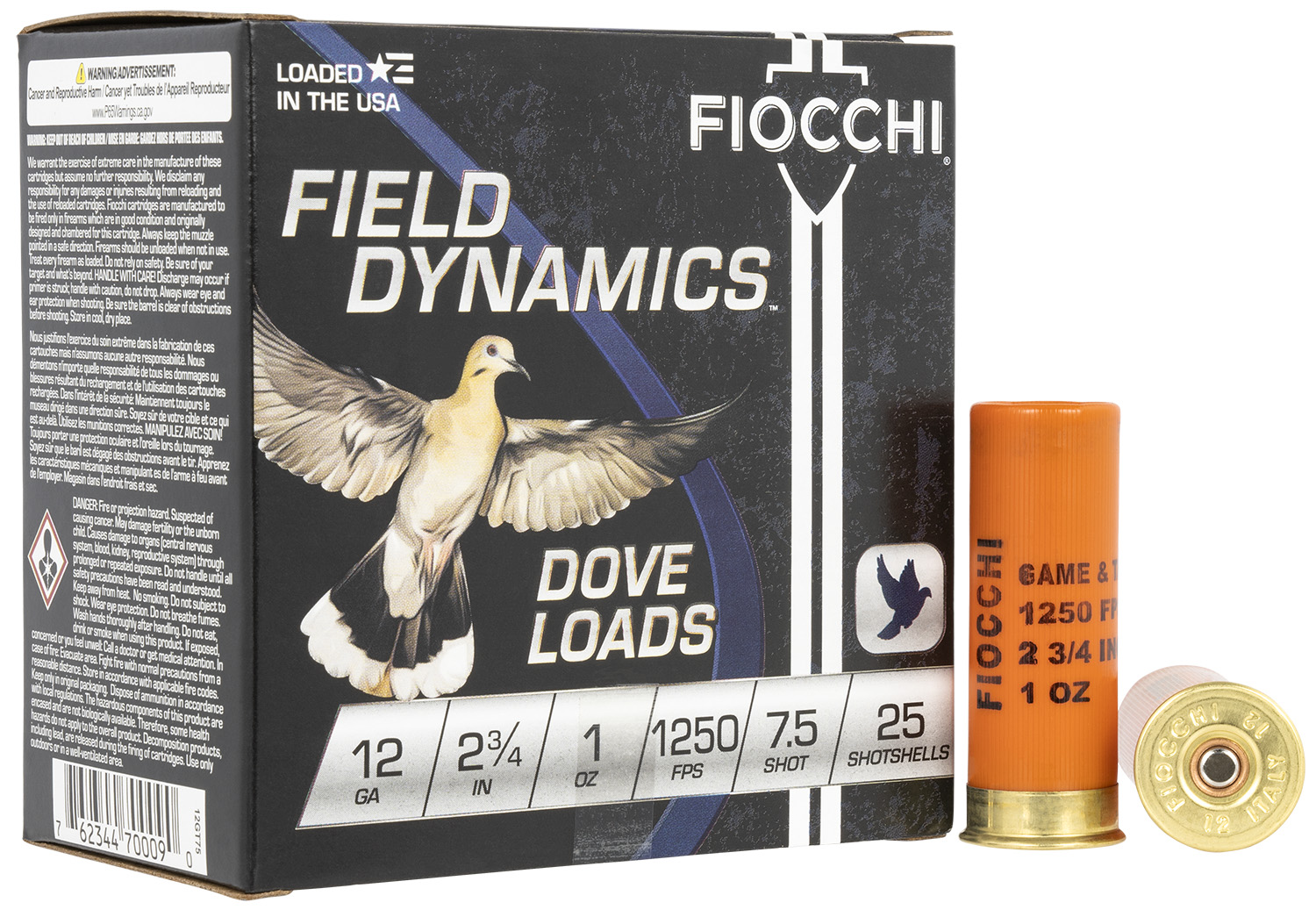 116603.jpg Fiocchi 12GT75 Field Dynamics Dove & Quail 12Gauge 2.75" 1oz 7.5Shot 25 Per Box/10 Case - Image 1