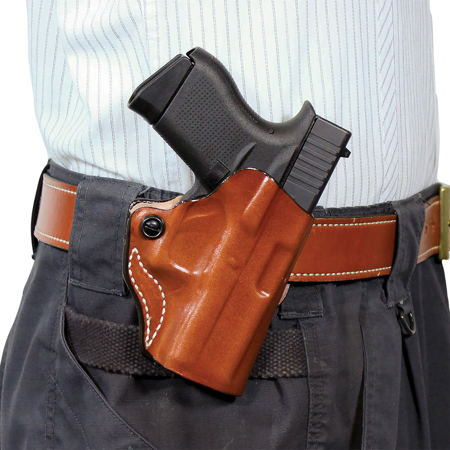159231.jpg DeSantis Gunhide 019TAB6Z0 Mini Scabbard OWB Tan Leather Belt Slide Fits Glock 19/19X/19 G5/23/32/36 Right Hand - Image 1