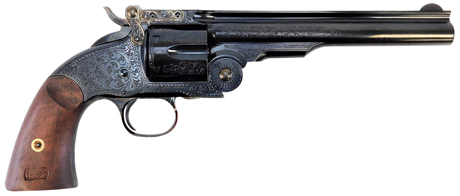 134590.jpg Taylors & Company 550644 Top Break Schofield 45 Colt (LC) 6rd 7" Blued Engraved Steel Walnut Grip - Image 1