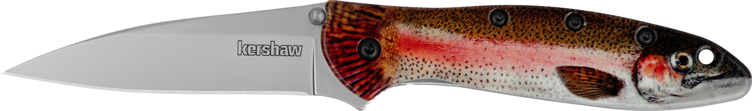 178270.jpg Kershaw 1660TROUT Leek Trout EDC 3" Folding Drop Point Plain Bead Blasted 14C28N Steel Blade, Rainbow Trout w/UFI Coating Aluminum Handle - Image 1