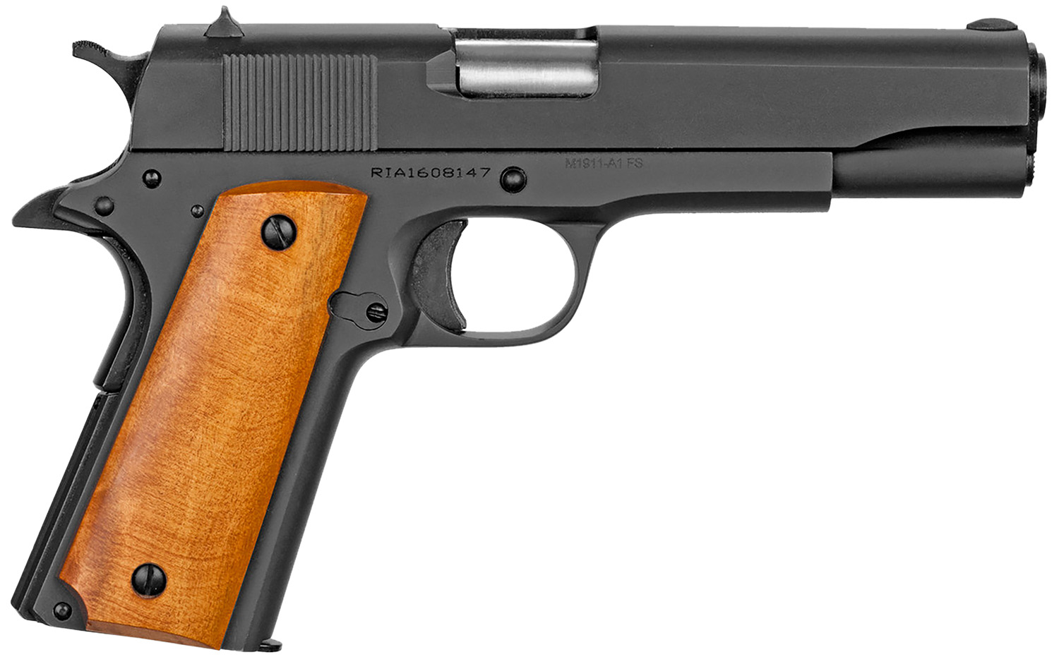 35187 Rock Island 51815 GI Standard FS *CA Compliant 38 Super Caliber with 5" Barrel, 10+1 Capacity, Overall Black Parkerized Finish Steel Beavertail Frame, Serrated Slide & Wood Grip - Image 1