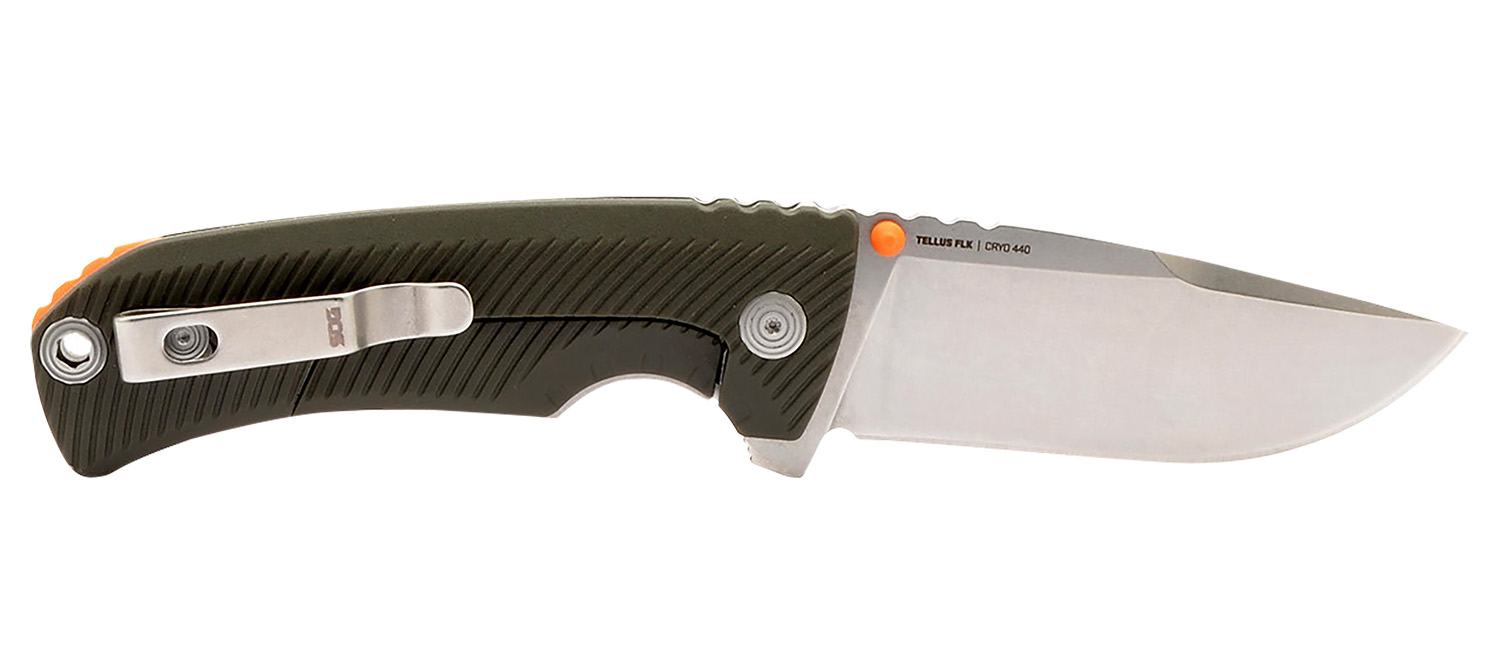 155810 S.O.G SOG14060143 Tellus FLK 3.65" Folding Clip Point Plain Stonewashed Cryo 440C SS Blade/ Olive Drab Textured GRN Handle - Image 1
