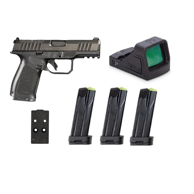 https3A2F2Fmedia.chattanoogashooting.com2Fimages2Fproduct2FMMRM1CBLKOSP15SPL2FMMRM1CBLKOSPSPL1.jpg Rost Martin RM1C Handgun Bundle 9mm Luger 15rd(4) Magazines 4" Barrel Black Viridian Red Dot Pistol Case - Image 1
