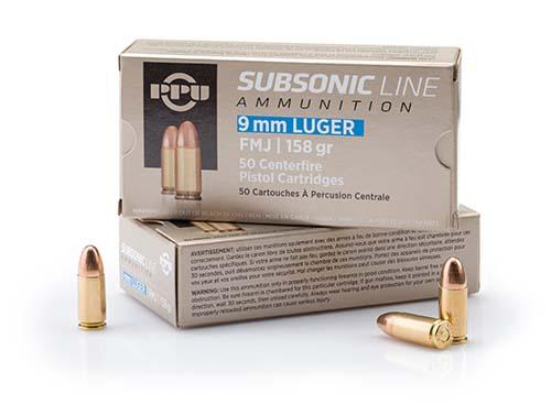 https3A2F2Fmedia.chattanoogashooting.com2Fimages2Fproduct2FOQPPS9MM2FOQPPS9MM.jpg PPU Subsonic Handgun Ammunition 9mm Luger FMJ 158 gr 950 fps 50/ct - Image 1
