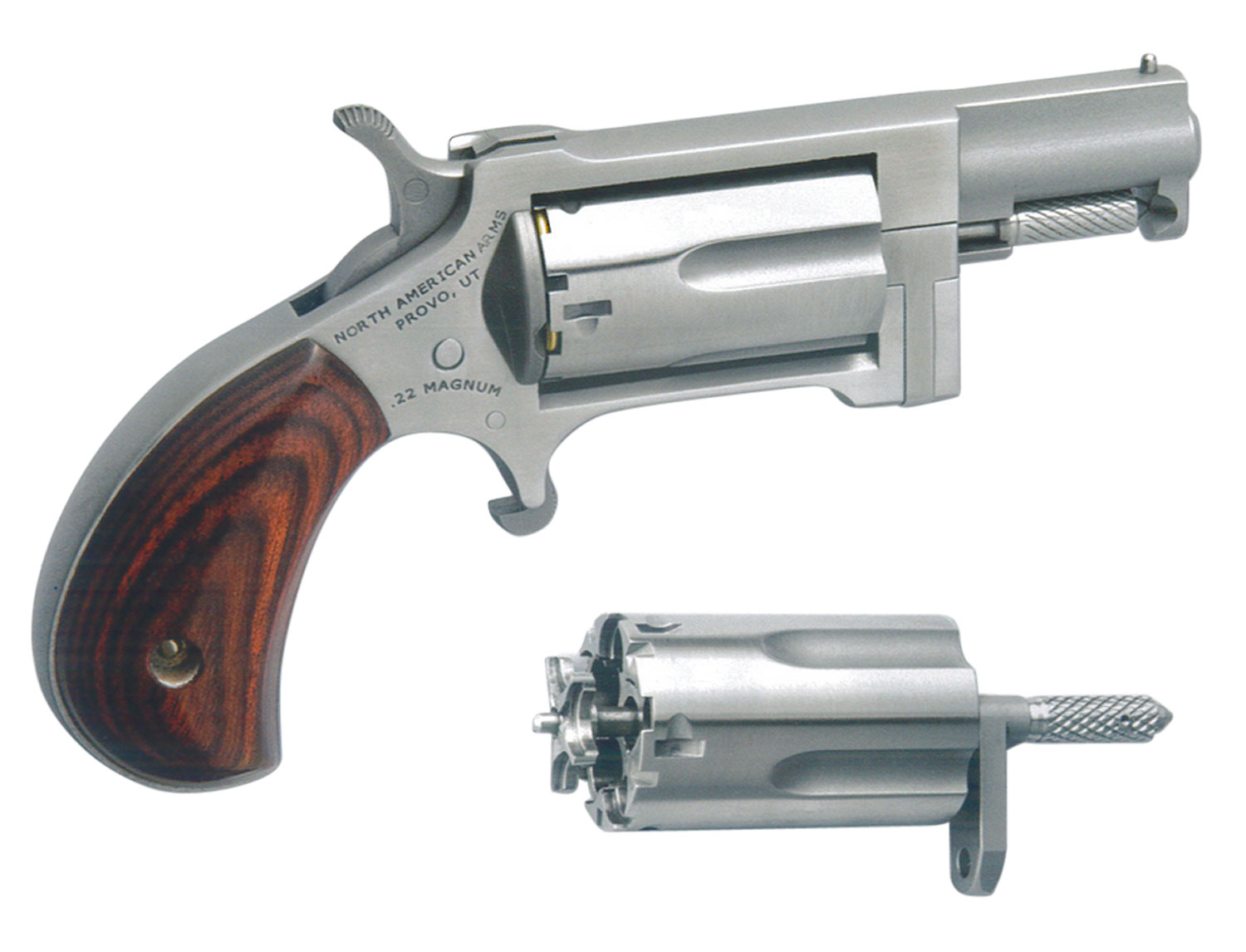 28489.jpg North American Arms SWC Sidewinder Conversion 22 LR/22 WMR 5 Shot 1.50" Stainless Steel Barrel, Frame & Cylinder, Rosewood Birdshead Grip, Exposed Hammer - Image 1