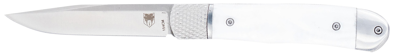 178737.jpg CobraTec Knives CTTHRWTABA154CM Trapper Small 3.13" Folding Plain 154CM SS Blade, 4.25" White Abalone Scales Handle - Image 1