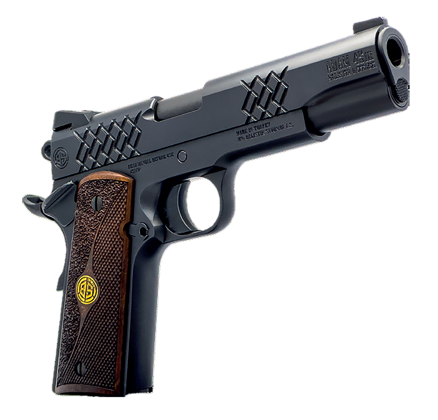 Dickinson LLC DKSN45BM 1911 Adam Full Size Frame 45 ACP 8+1 5" Matte Black Button Rifled Barrel, Matte Black Serrated Aluminum Slide, Matte Black Steel Frame, Wood Grips - Dickinson