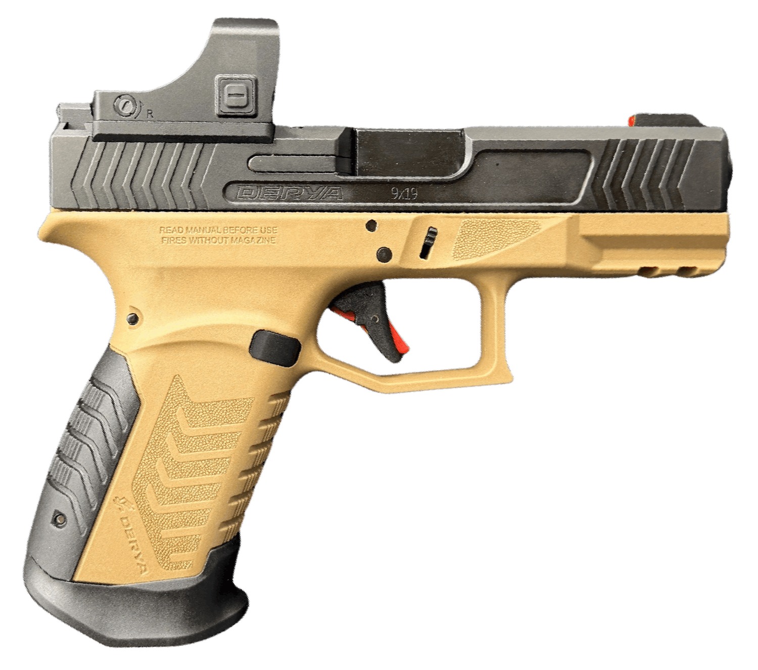 Derya Firearms DY9.BROTSS.SAUCE.US DY9 w/Optic 9mm Luger 15+1 4.02" Black Nitride Stainless Steel Optic Cut Slide w/Tactical Sauce RMR Green Dot, ODG Brown Polymer Frame w/Picatinny Rail, Interchangea - Derya Arms